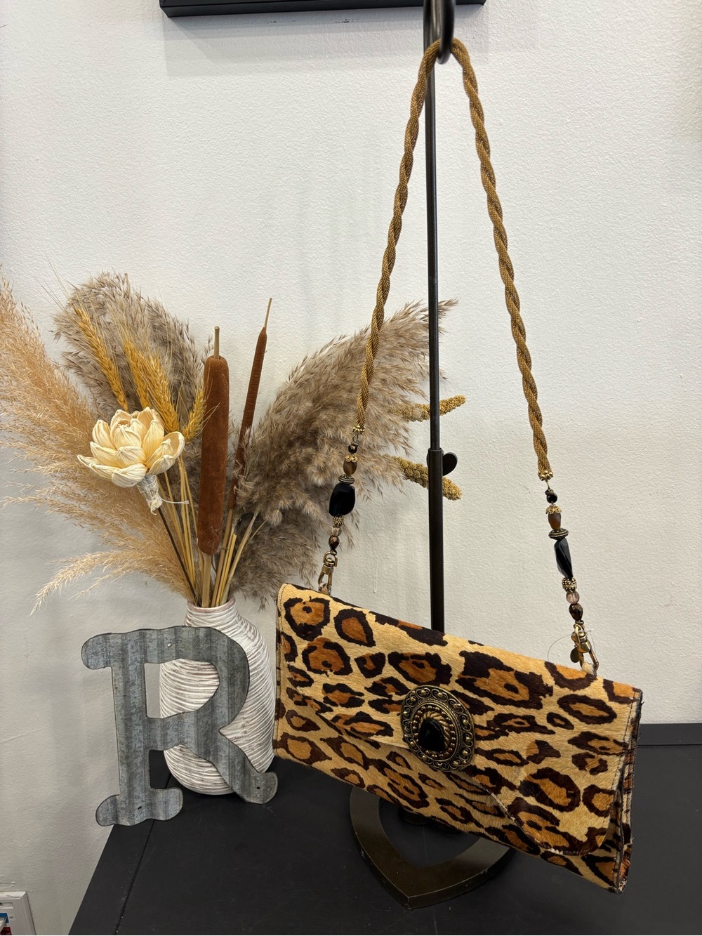 Boutique Brand Leopard Calf Hair Print Shoulder Clutch Bag - Brown